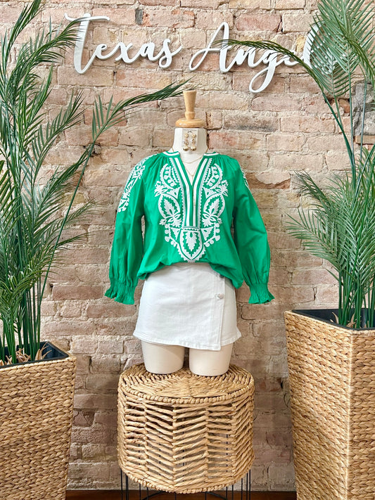 Getaway Kelly Green Embroidered Blouse
