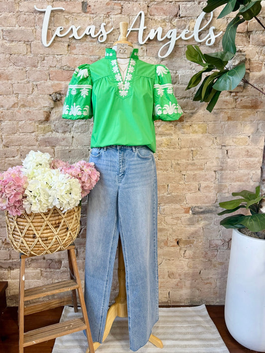 Giving It A Chance Green Embroidered Blouse