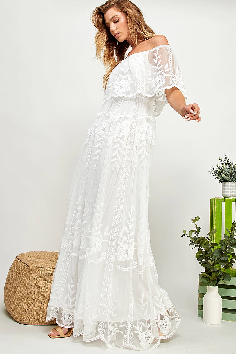 Sail Away White Lace Off Shoulder Maxi Dress