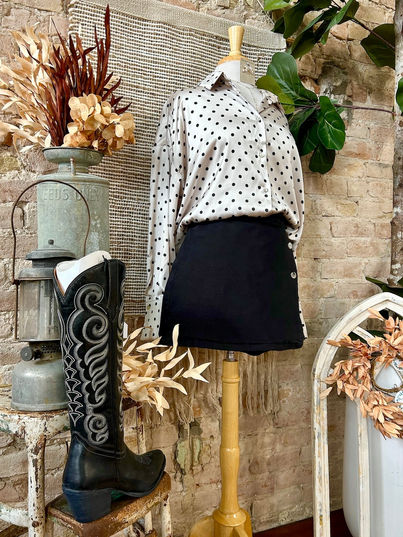 Sugar & Spice Ivory Polka Dot Satin Blouse
