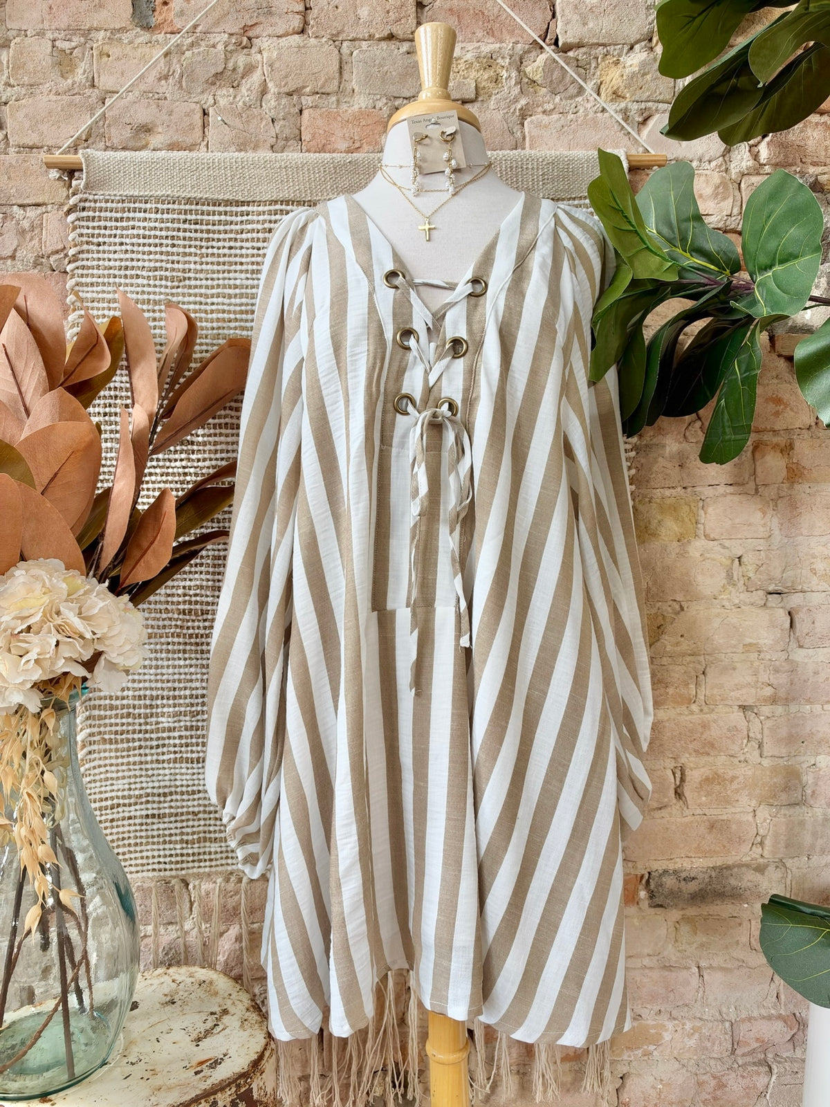 Your Secret Is Safe With Me Striped Mocha Lace Up Dress