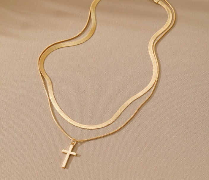 18K Stainless Steel Gold Layered Cross Necklace