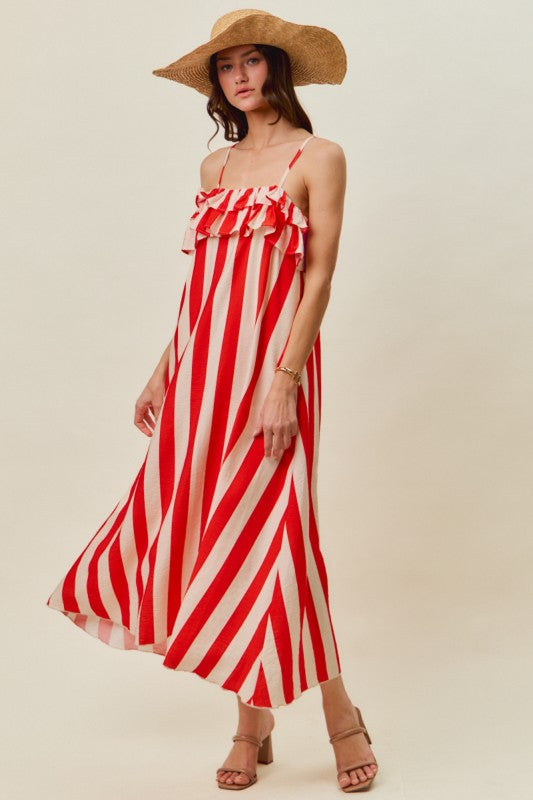 Right From The Start Red Ruffled Striped Maxi