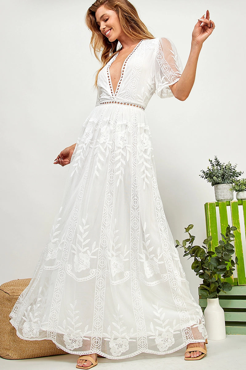 Mexico Bound White Lace Maxi Dress
