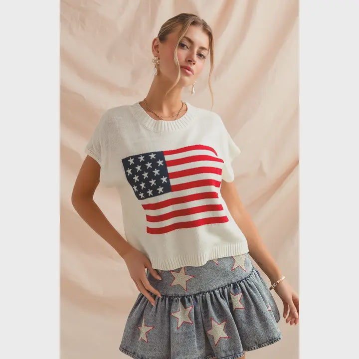 When The Stars Come Out White USA Flag Knit Top