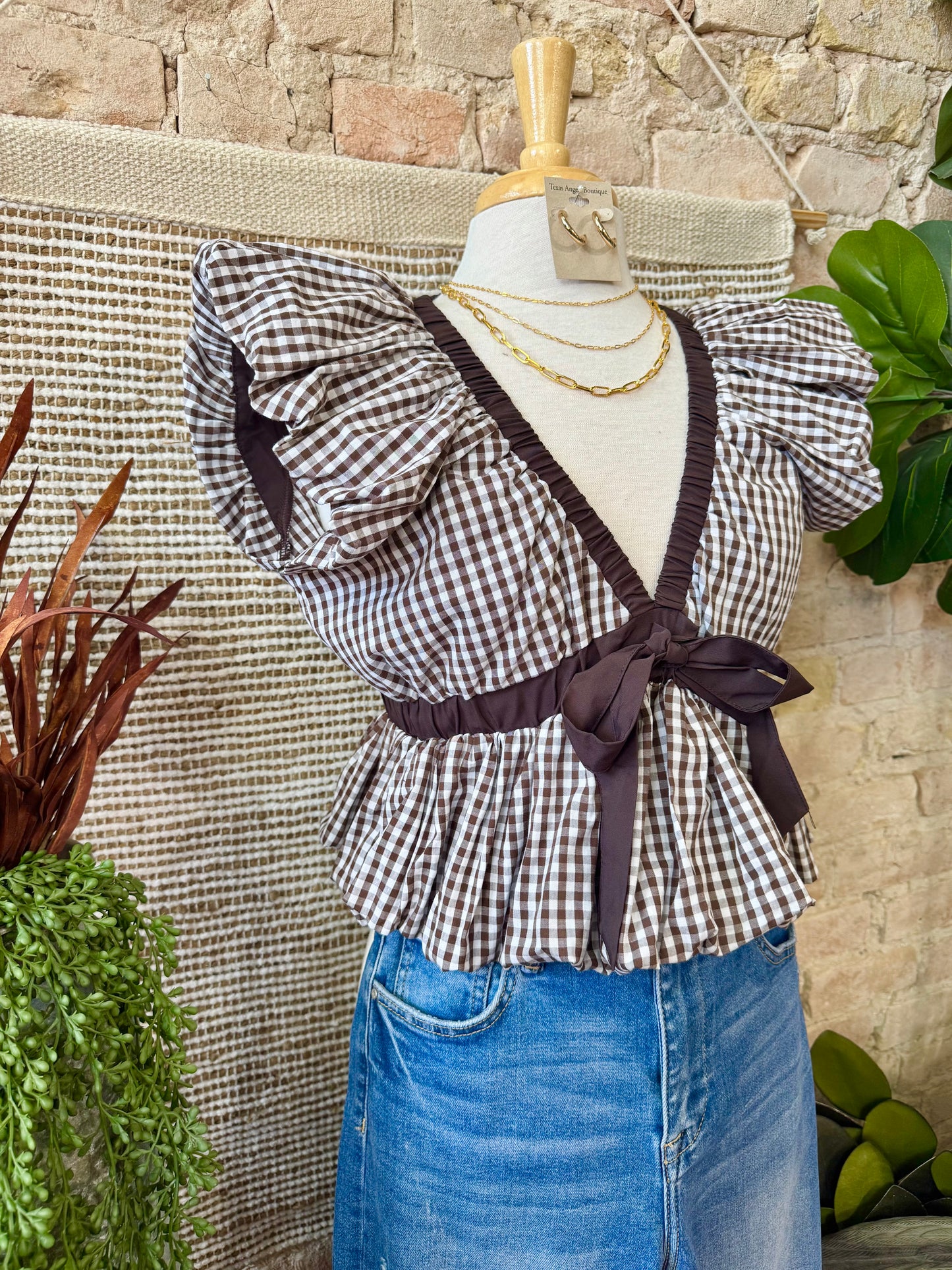 I’ll Go Wherever You Go Brown Gingham Blouse