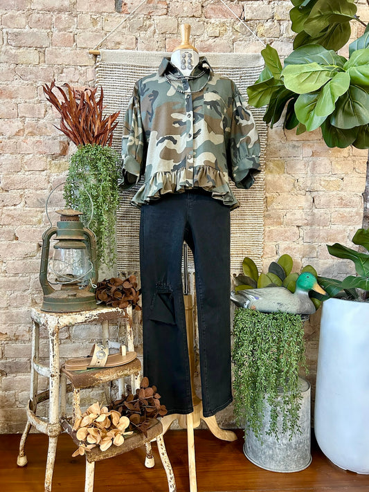 Outskirts Of Heaven Camo Ruffled Hem Blouse
