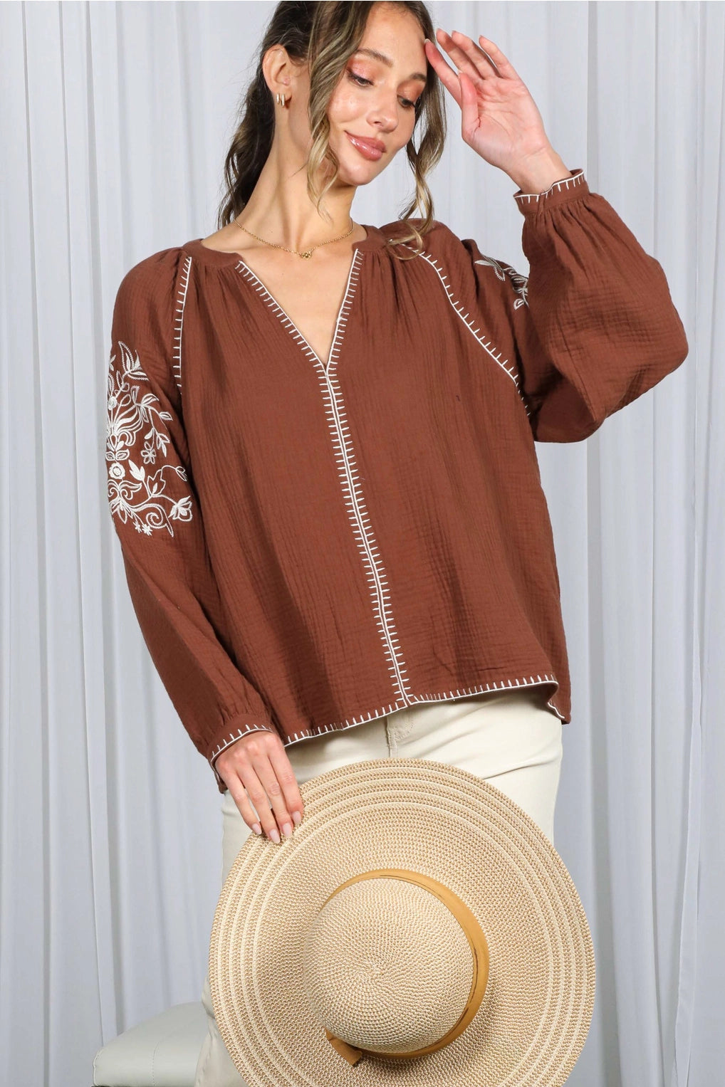 Beyond Blessed Brown Embroidered Blouse