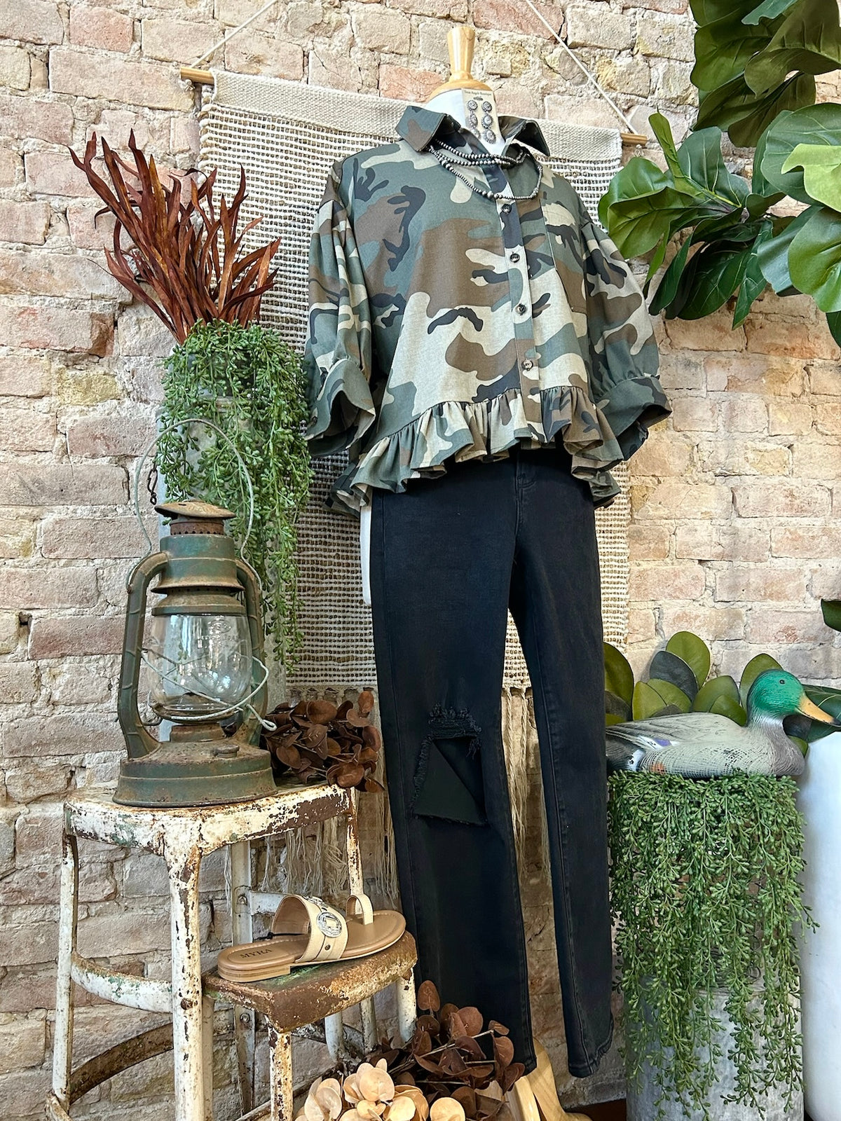 Outskirts Of Heaven Camo Ruffled Hem Blouse