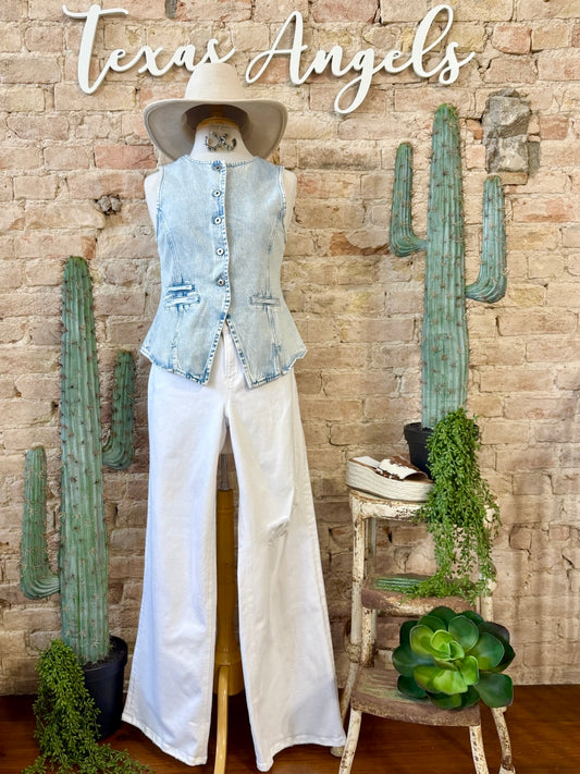 Don't Tempt Me Light Wash Denim Top