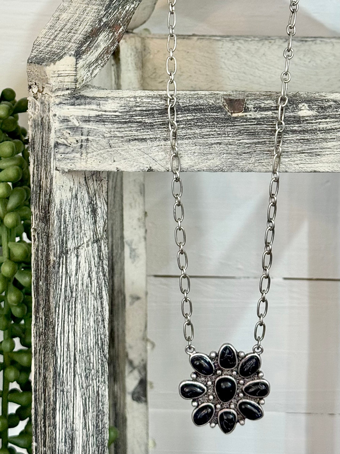 Black Concho Pendant & Silver Chain Necklace