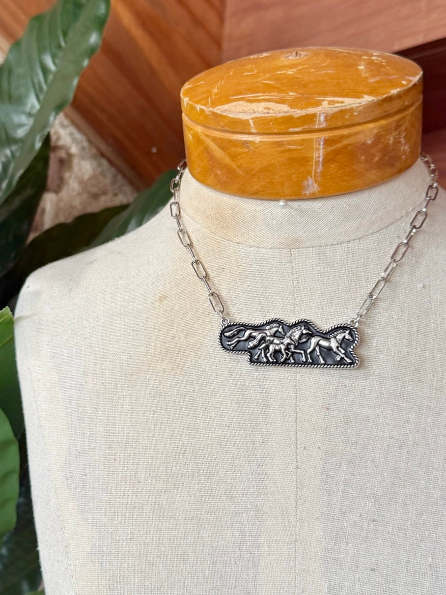 Wild Horses Silver Necklace