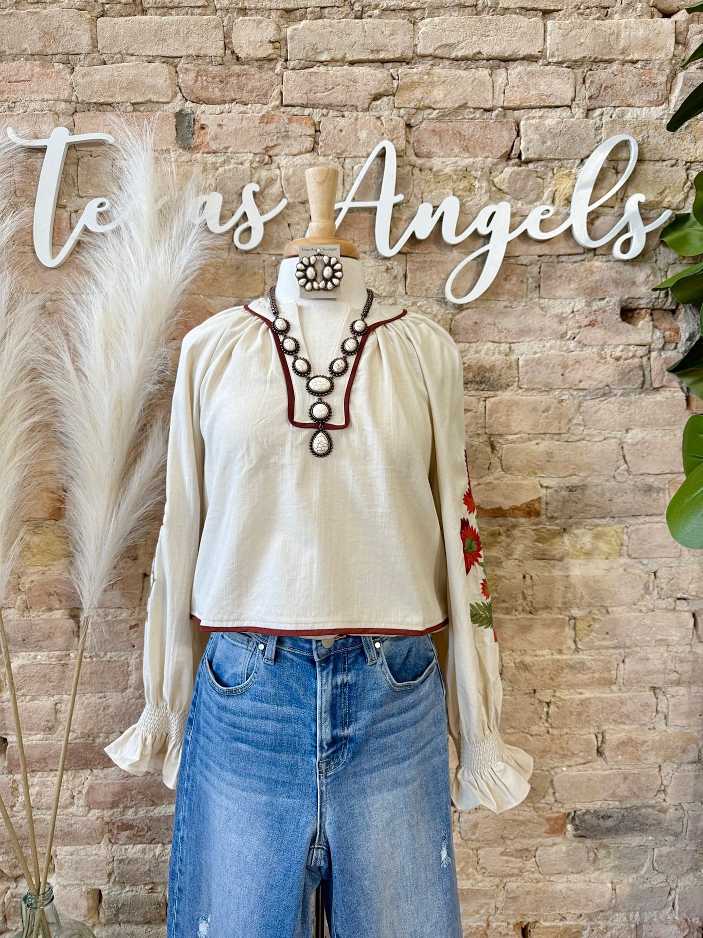 Find the Beauty In Everything Beige Floral Embroidered Blouse