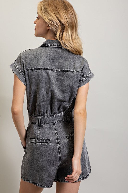 Meet Me At The Wine Tent Black Acid Wash Denim Romper