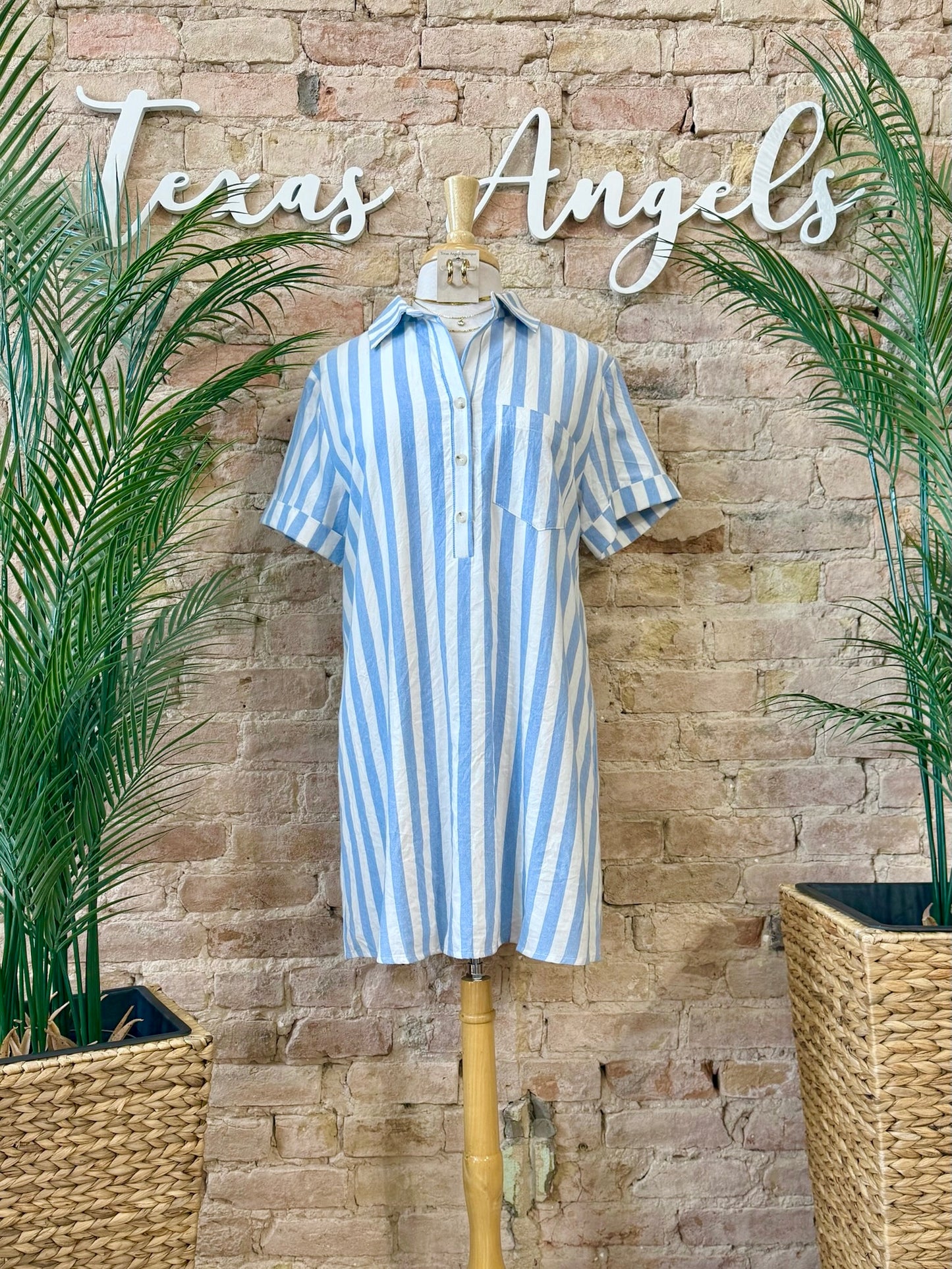Sea Shells & Cocktails Light Blue Striped Dress