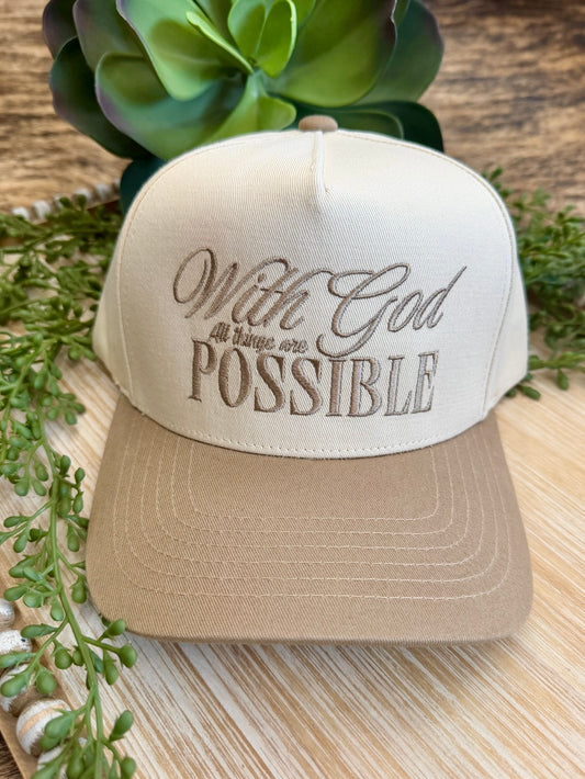 With God All Things Are Possible Beige Embroidered Trucker Hat