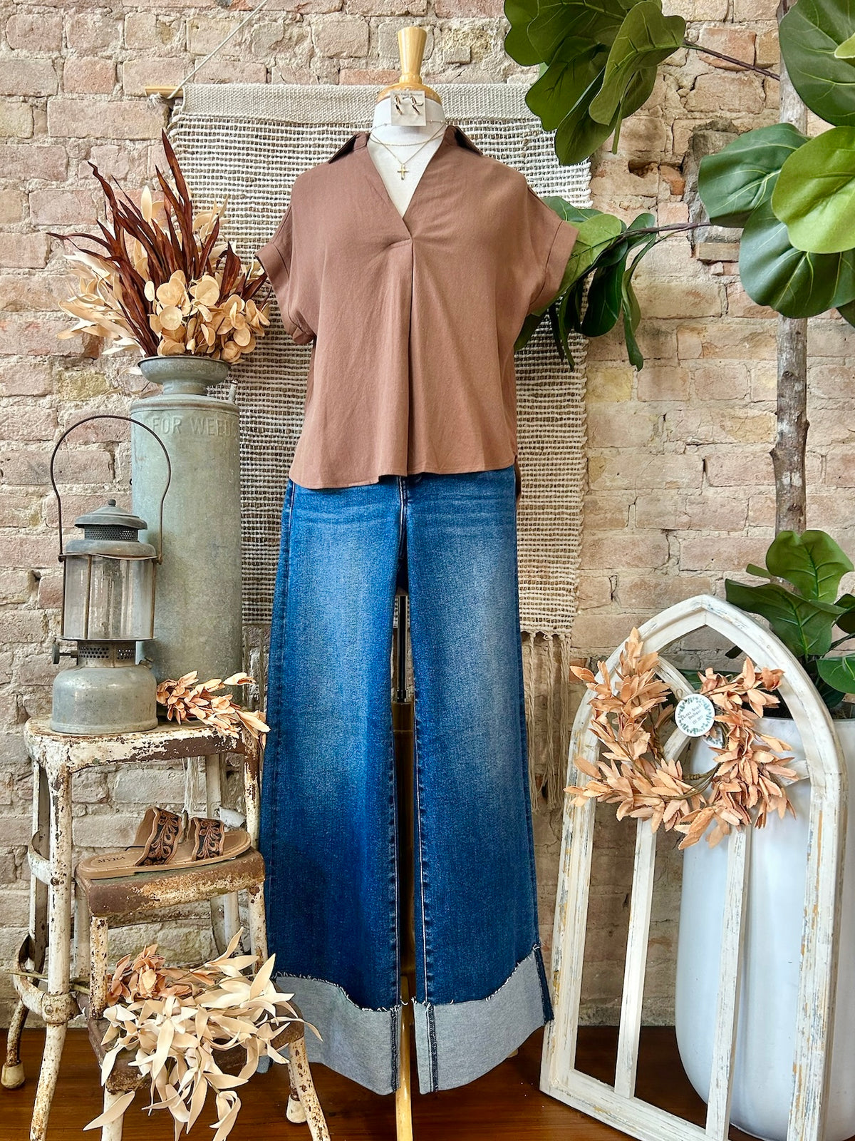 When The Leafs Start Turning Rust Collared V-Neck Top