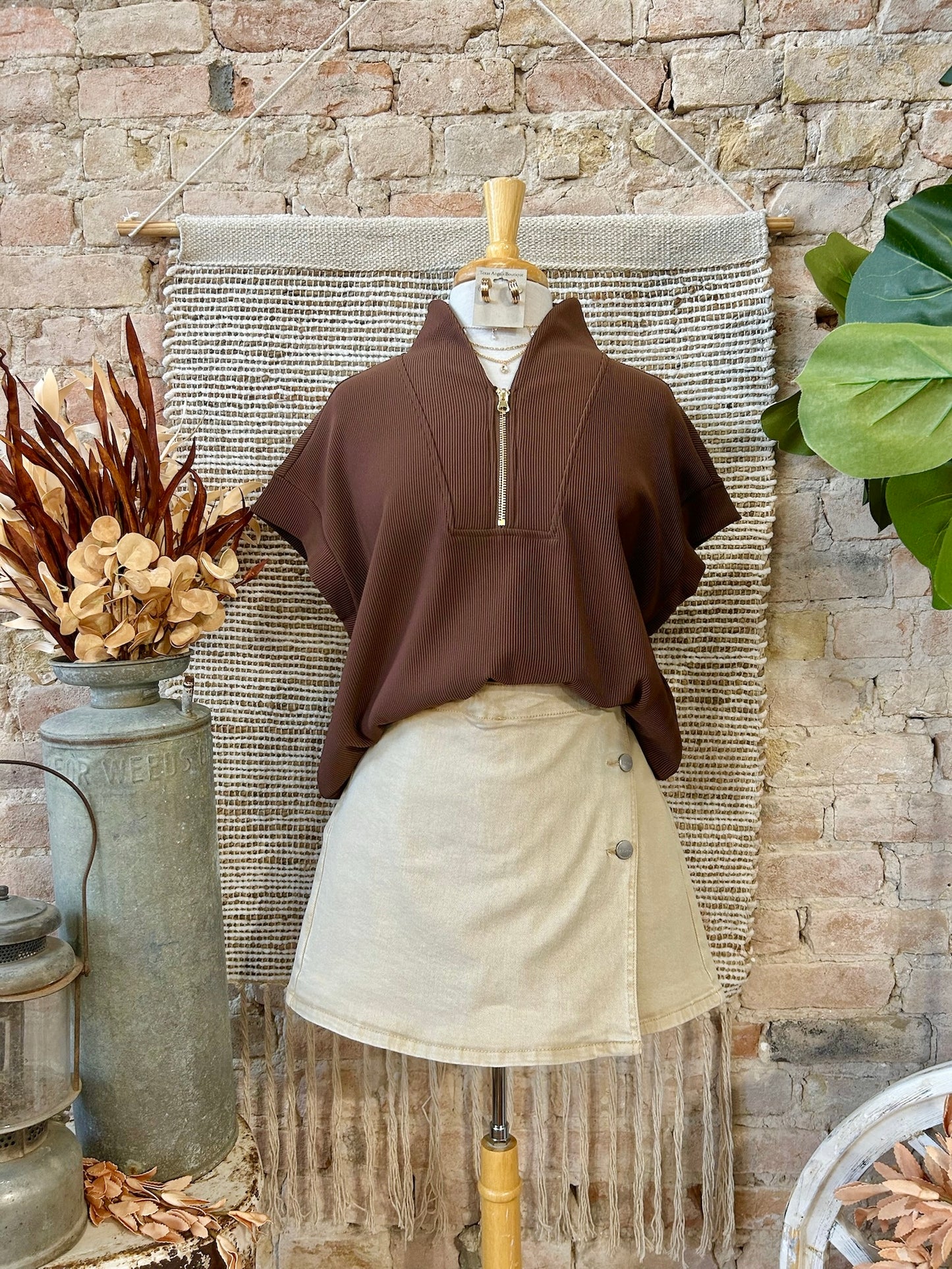 Just A Matter Of Time Brown Zip Up Top