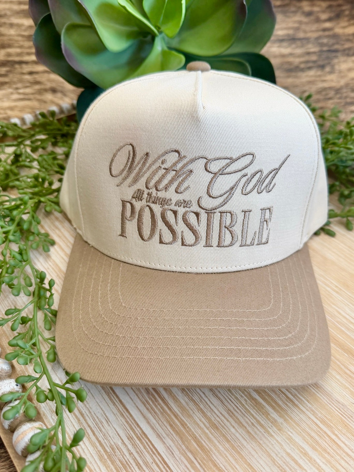 With God All Things Are Possible Beige Embroidered Trucker Hat