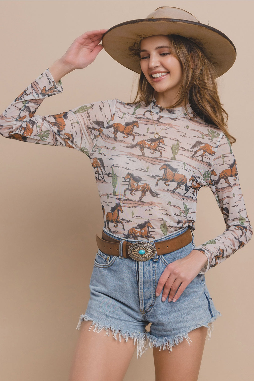 RESTOCK Don't Get Caught Up Cactus Horse Mesh Top