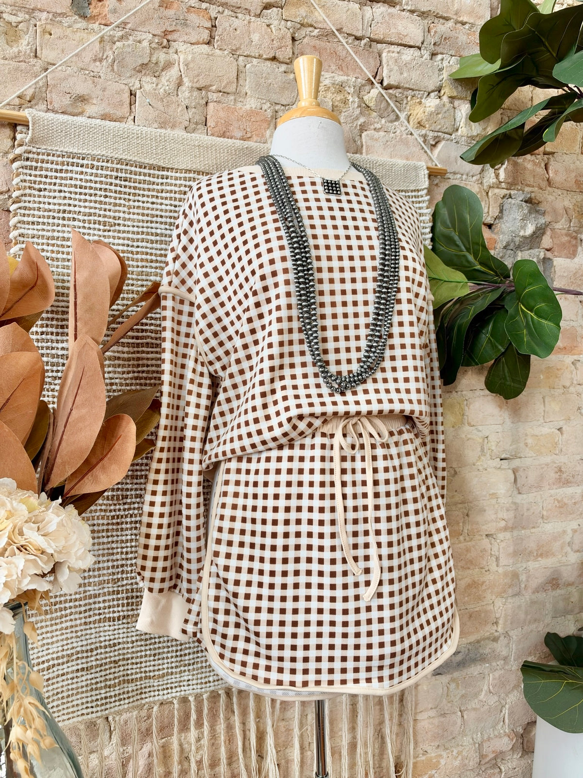 Bonfires & S’mores Brown Plaid Crewneck Top