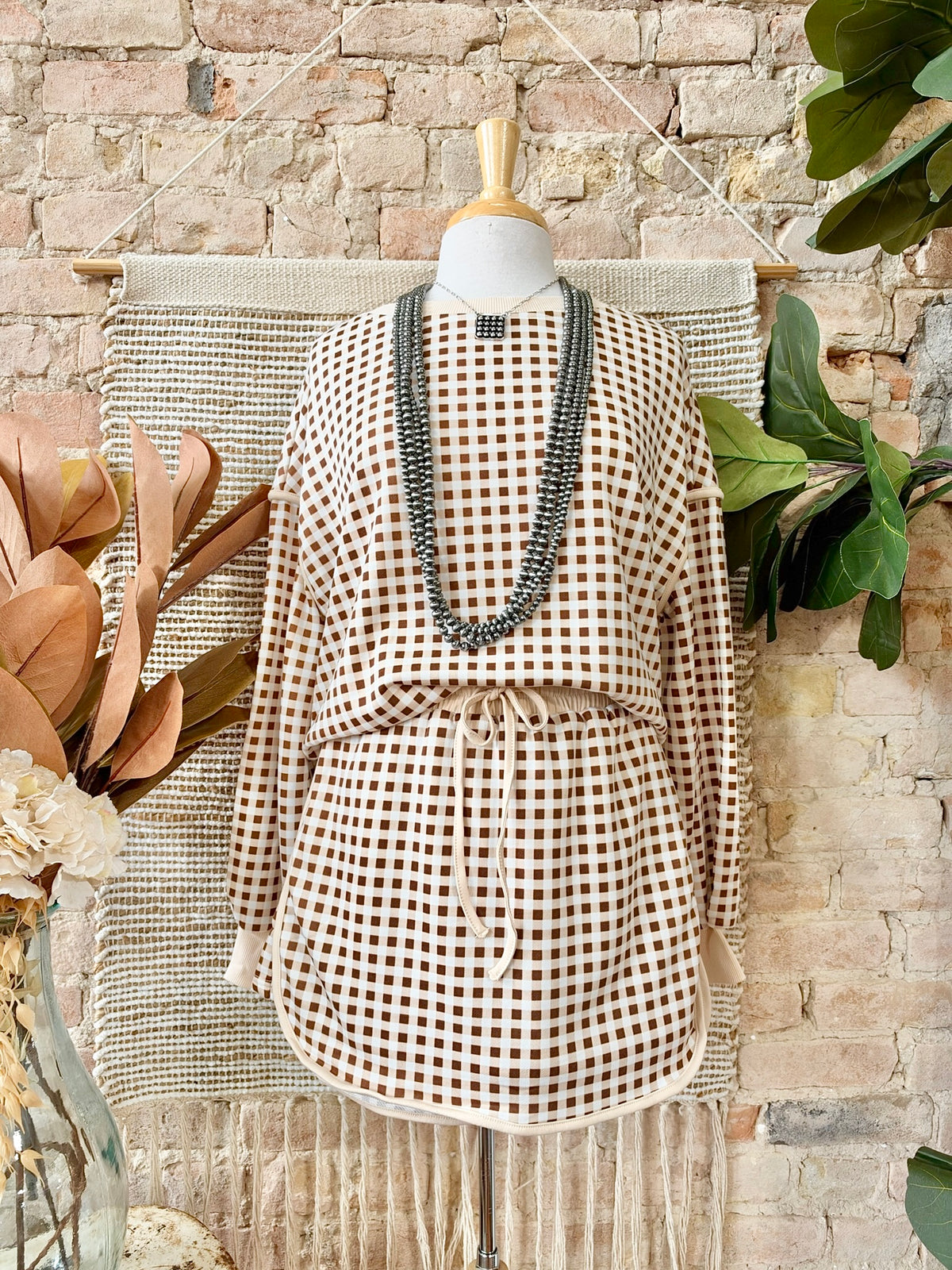 Bonfires & S’mores Brown Plaid Crewneck Top