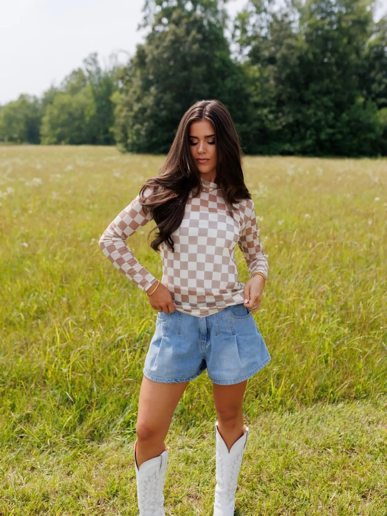 Wanna Bet On It Tan Checkered Mesh Top