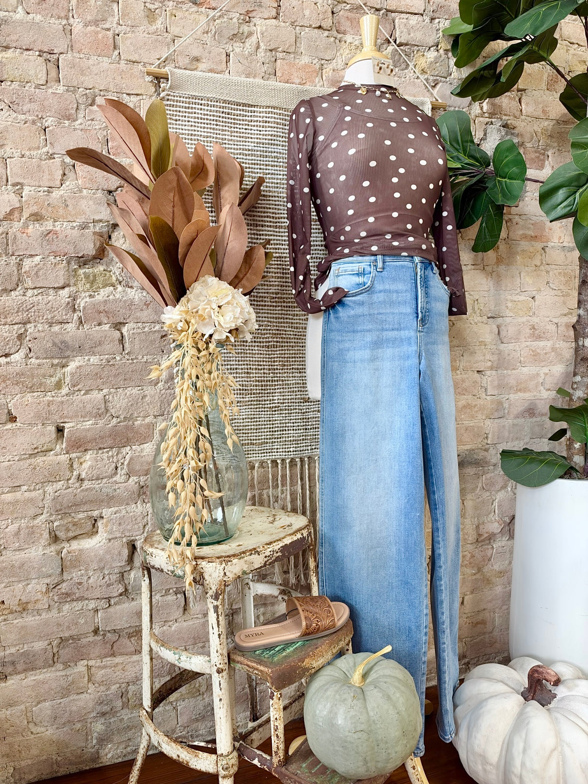 Lead The Way Brown Polka Dot Mesh Top