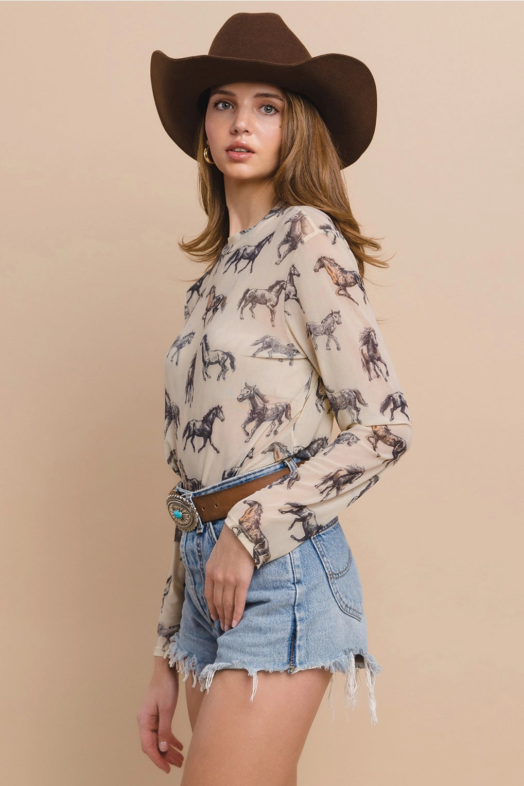 Hang In There Cowboy Horse Mesh Top