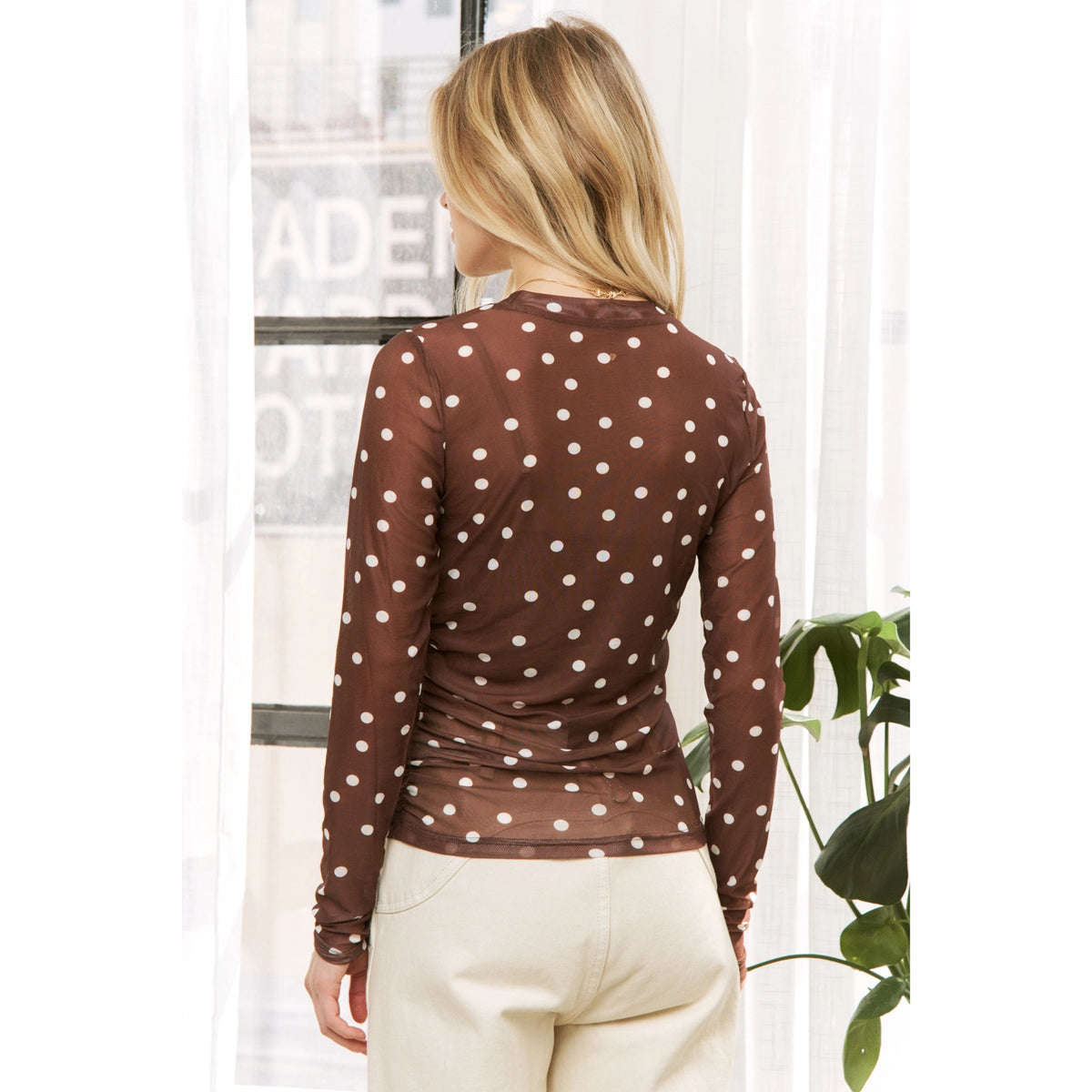 Lead The Way Brown Polka Dot Mesh Top