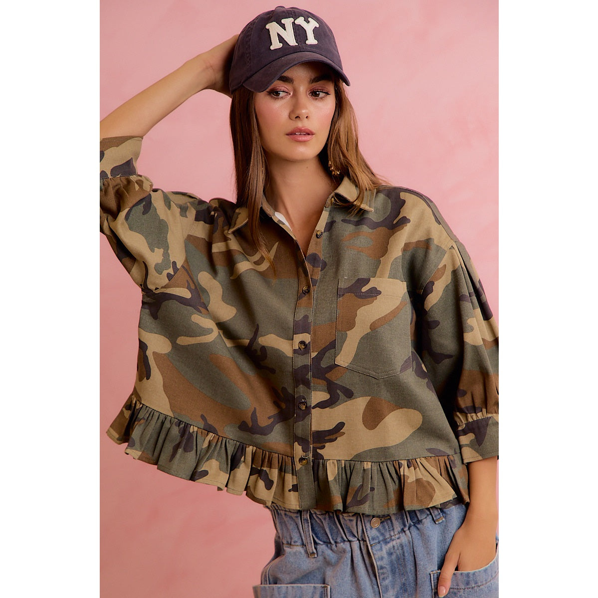 Outskirts Of Heaven Camo Ruffled Hem Blouse