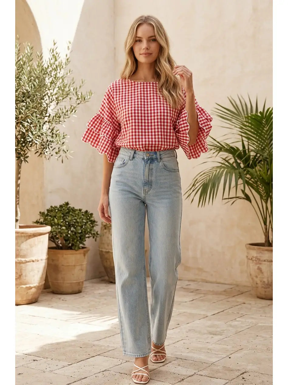 Sun Rays & Rosy Cheeks Ruffled Red Plaid Blouse