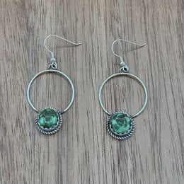 Navajo Handmade Sterling Silver Sonoran Gold Turquoise Hoop Dangle Earrings
