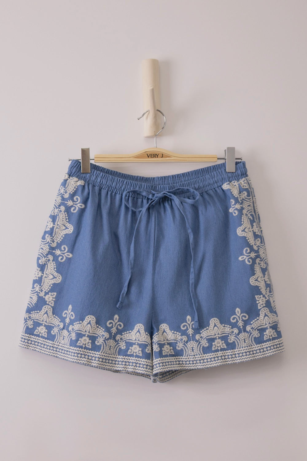 Coastin’ Dark Chambray Embroidered Shorts