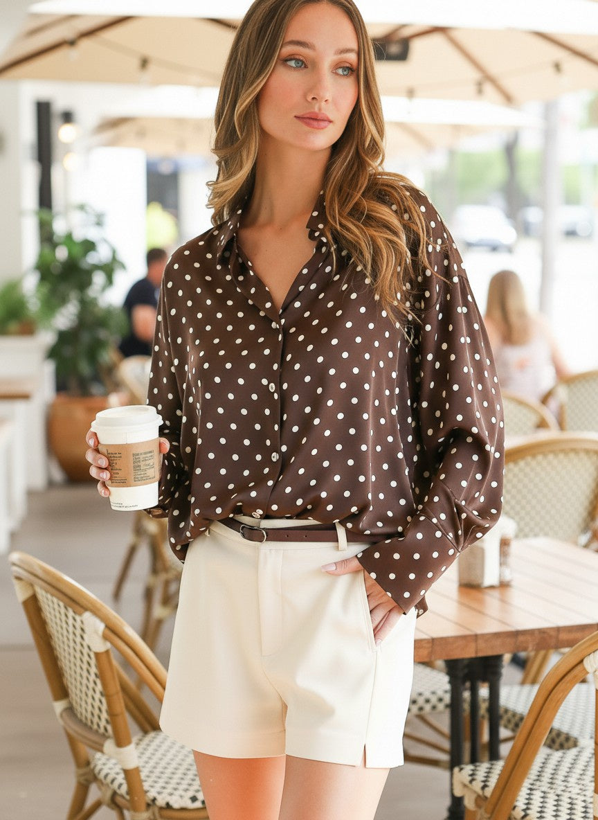 Sugar & Spice Brown Polka Dot Satin Blouse