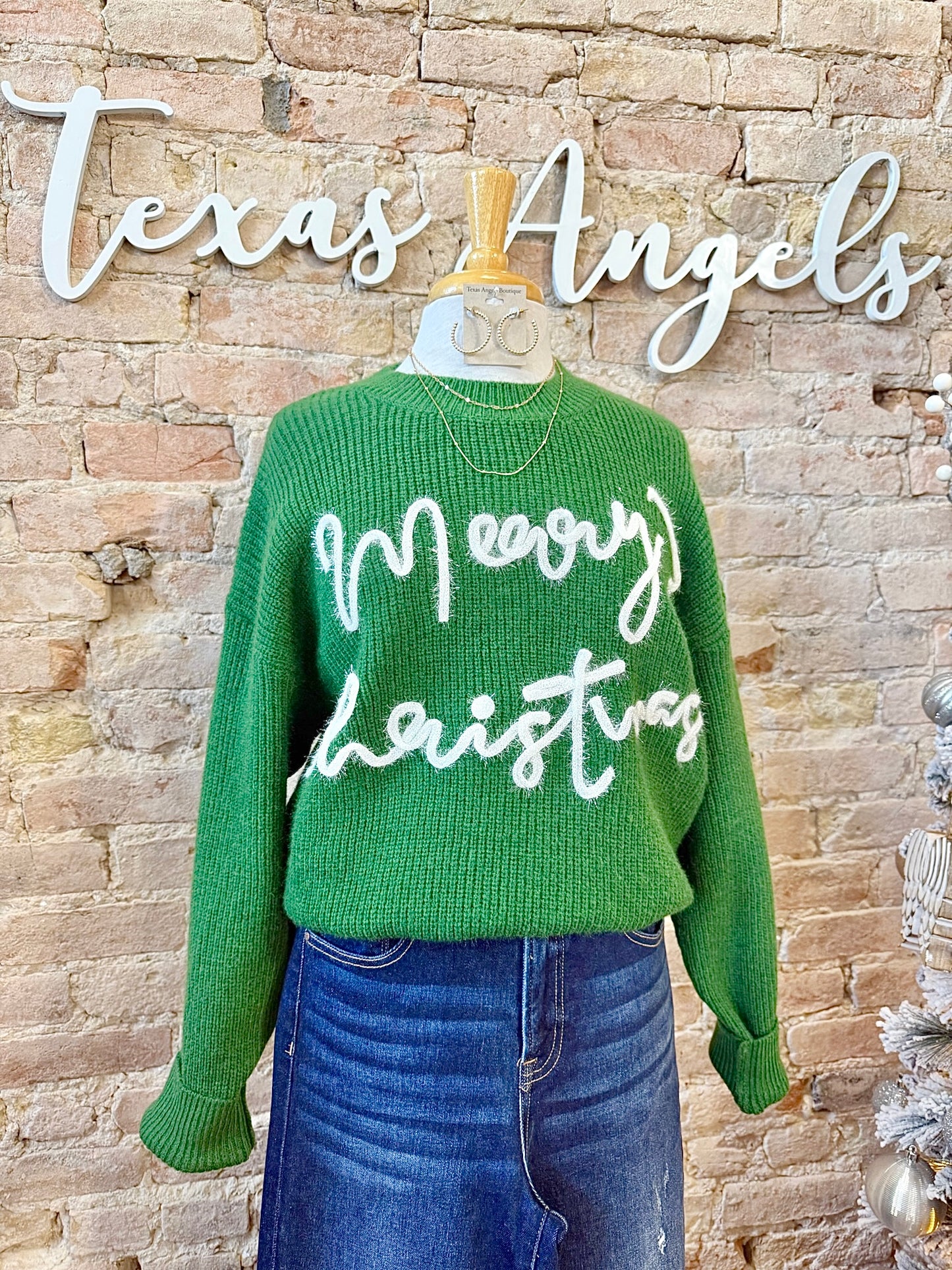 Holiday Cheer Hunter Green Merry Christmas Sweater