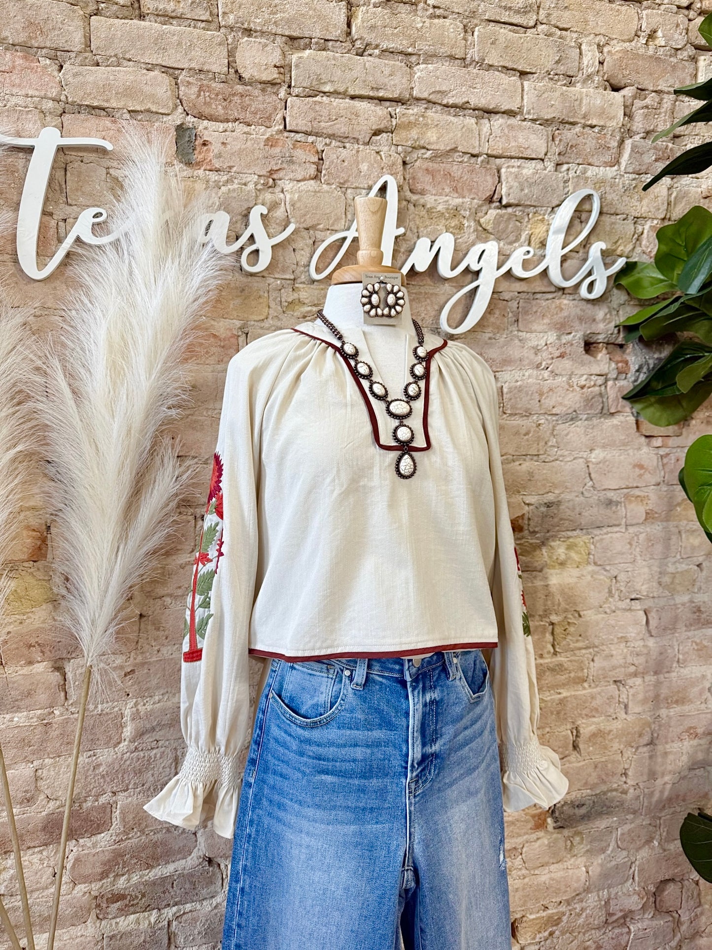 Find the Beauty In Everything Beige Floral Embroidered Blouse