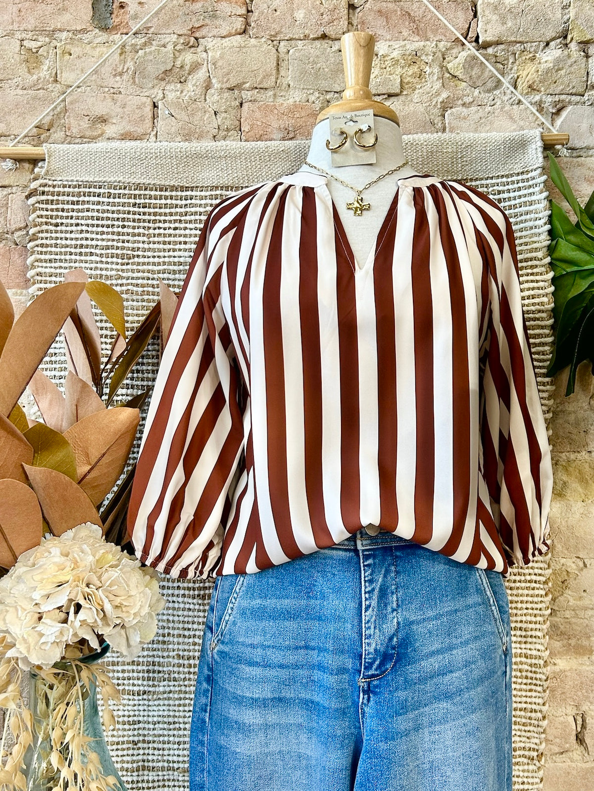 Hayrides & Hot Coco Rust Striped Satin Blouse