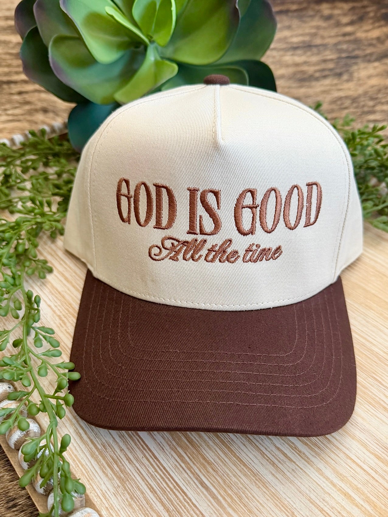 God Is Good Brown Embroidered Trucker Hat