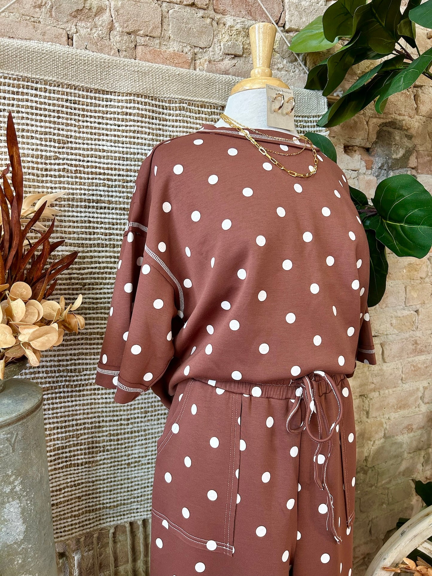 Point Me In The Right Direction Brown Polka Dot Lounge Top