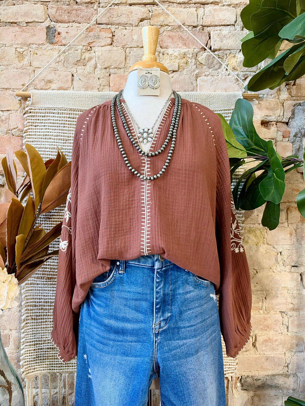 Beyond Blessed Brown Embroidered Blouse