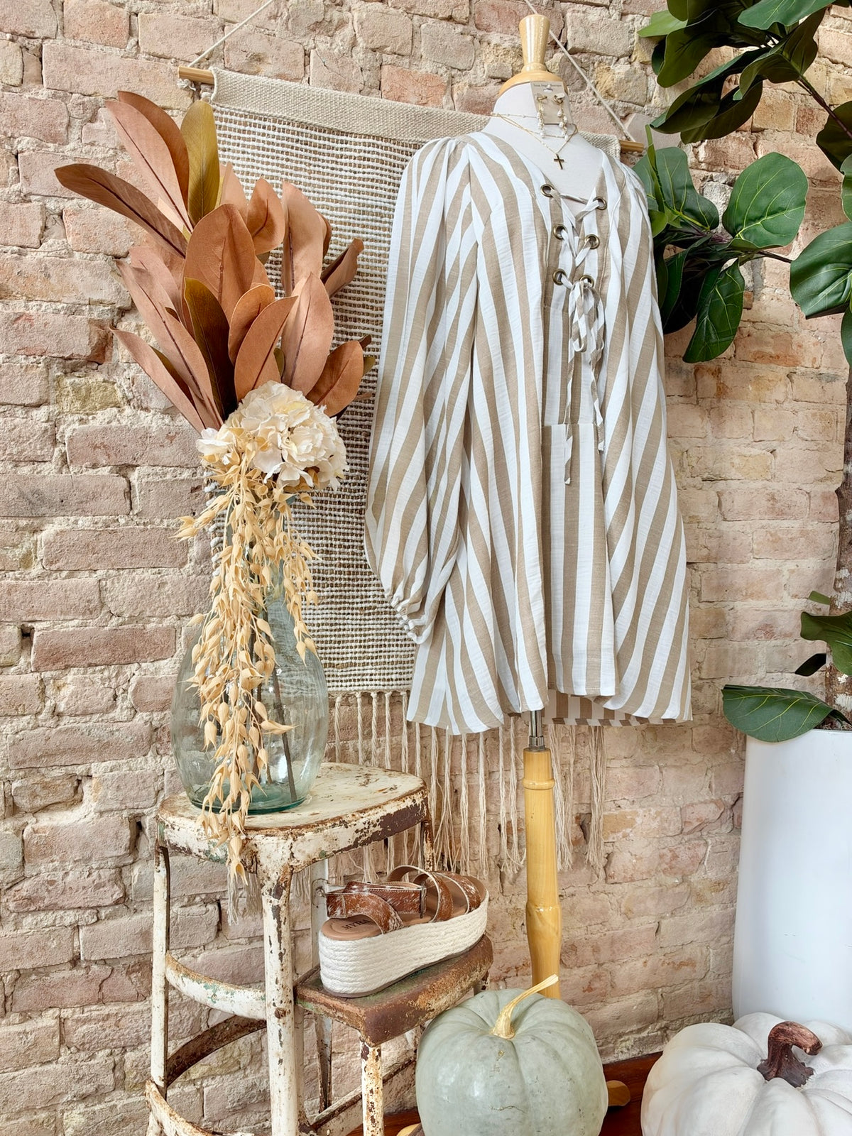 Your Secret Is Safe With Me Striped Mocha Lace Up Dress