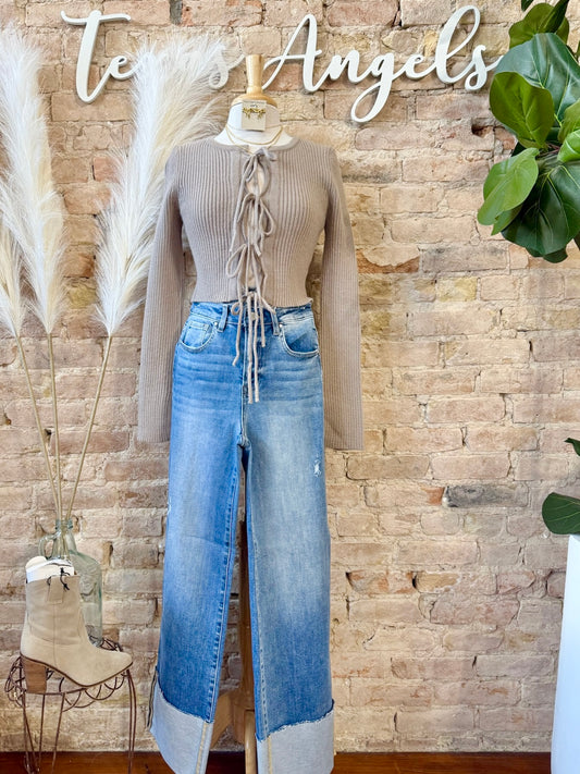 50% Off - Traditional Baddie Taupe Bow Tie Sweater