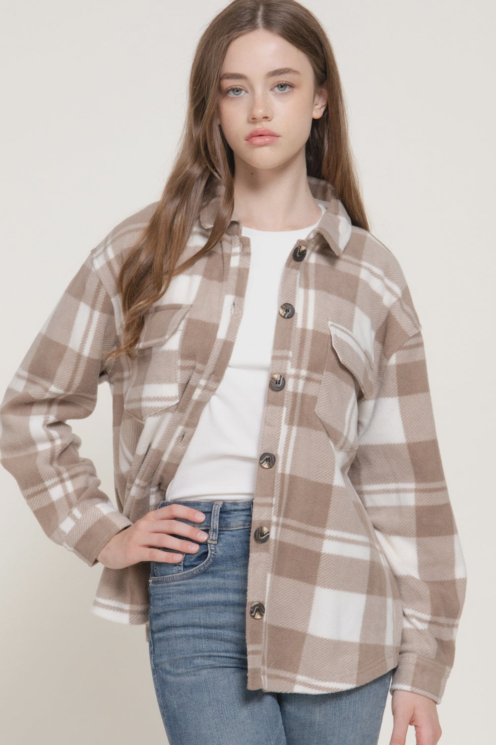 Pumpkin Patch Taupe Plaid Lined Shacket