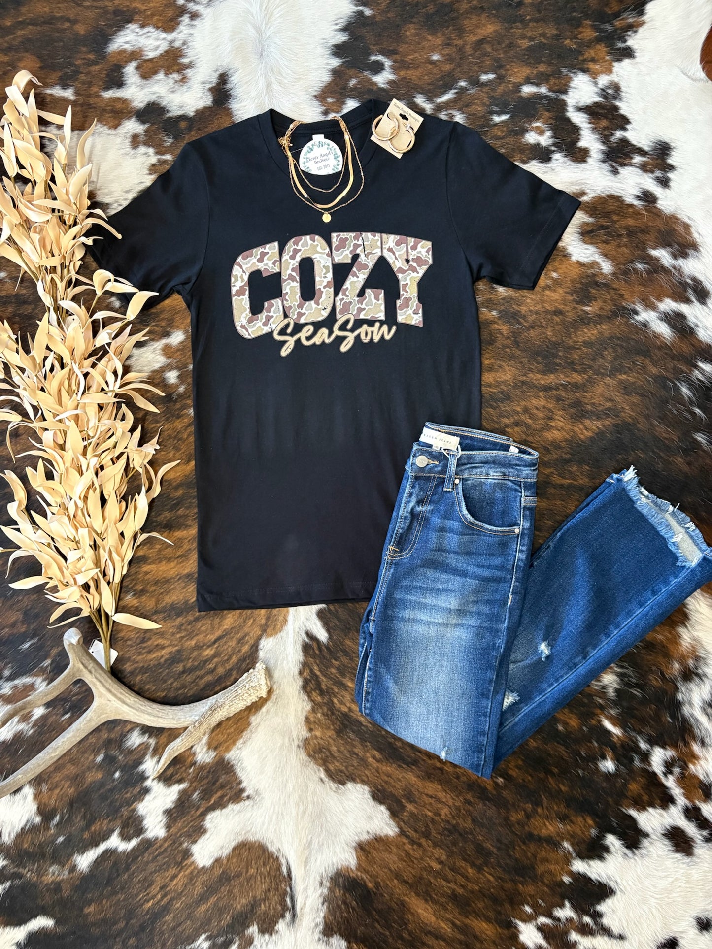 Camo Cozy Season Black Graphic Tee