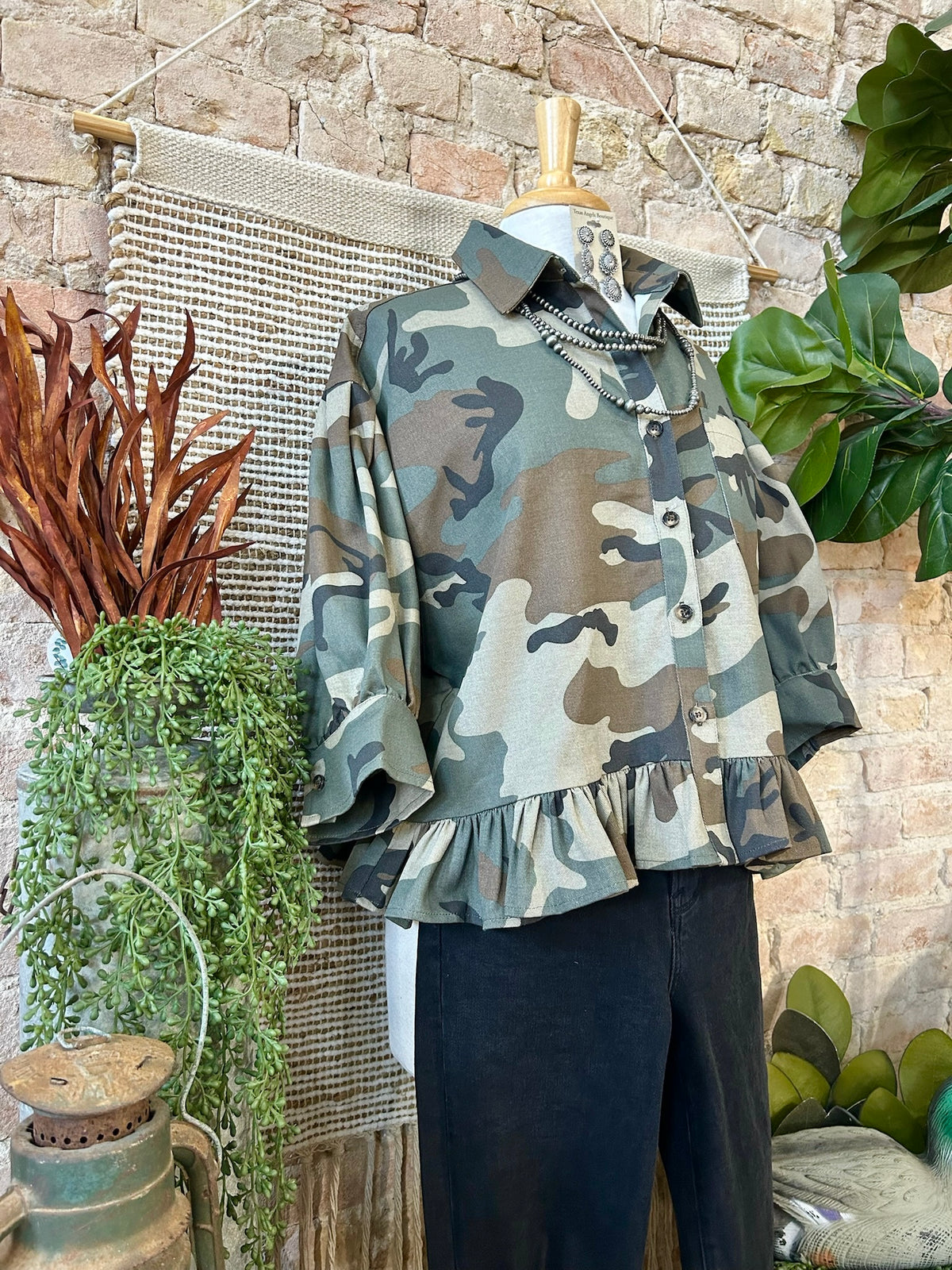 Outskirts Of Heaven Camo Ruffled Hem Blouse