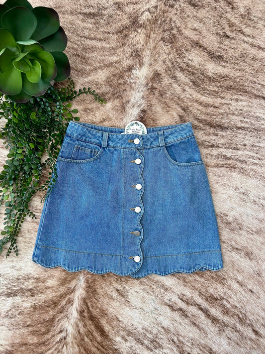 Let's Go Downtown Denim Scalloped Skirt