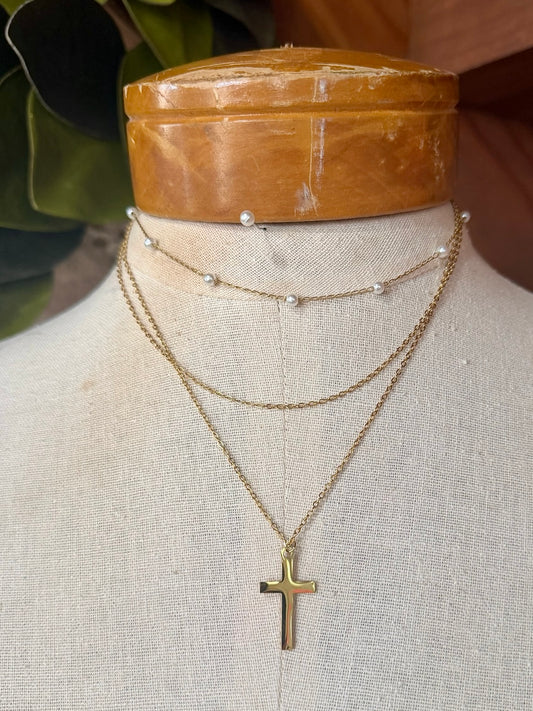 RESTOCK 18K Stainless Steel Gold Layered Cross Necklace