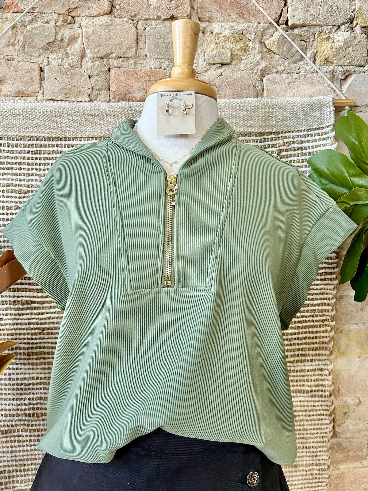 Just A Matter Of Time Olive Zip Up Top
