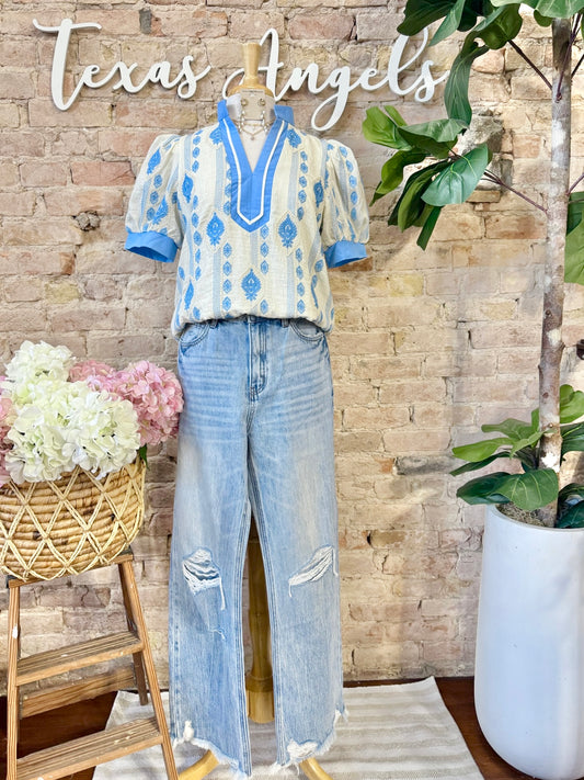 Boy Only If You Knew Blue Embroidered Blouse